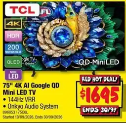 JB Hi-Fi TCL 75" 4K AI Google QD Mini LED TV offer