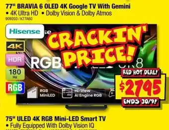 JB Hi-Fi Hisense 77" BRAVIA 6 OLED 4K Google TV With Gemini offer
