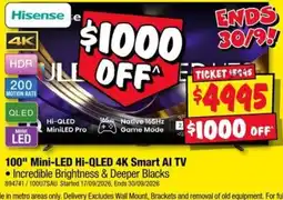JB Hi-Fi Hisense 100" Mini-LED Hi-QLED 4K Smart AI TV offer