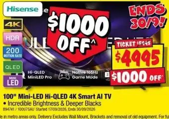 JB Hi-Fi Hisense 100" Mini-LED Hi-QLED 4K Smart AI TV offer