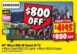 JB Hi-Fi Samsung 85" Micro RGB 4K Smart AI TV offer