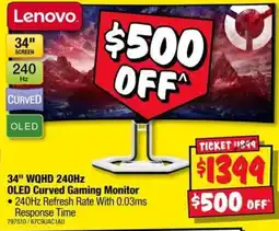 JB Hi-Fi Lenovo 34" WQHD 240Hz OLED Curved Gaming Monitor offer