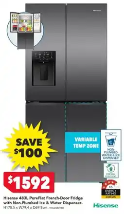 Harvey Norman Hisense 483L PureFlat French-Door Fridge with Non-Plumbed Ice & Water Dispenser offer