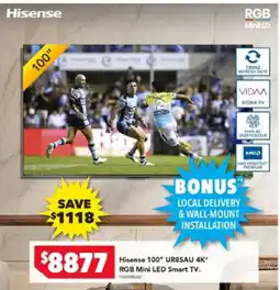 Harvey Norman Hisense 100" UR8SAU 4K" RGB Mini LED Smart TV. offer