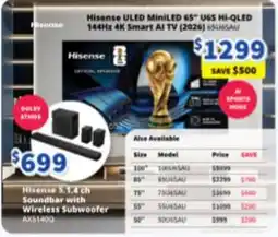 Bi-Rite Hisense ULED MiniLED 65" U65 Hi-QLED 144Hz 4K Smart AI TV offer
