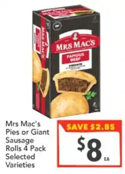 Supa Valu Mrs Mac's Pies or Giant Sausage Rolls offer