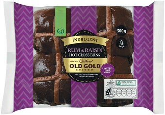 Woolworths Woolworths Indulgent Rum & Raisin Hot Cross Buns Made With Cadbury® Old Gold® Chocolate Pk 4~ offer