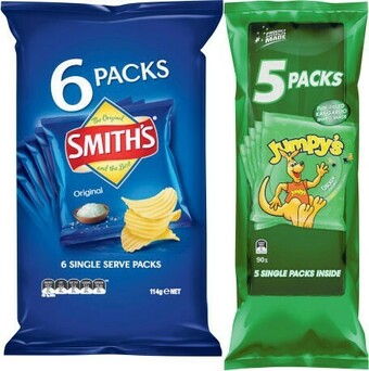 Coles Smith’s Chips 6 Pack 114g or Jumpy’s Snacks 5 Pack 90g offer