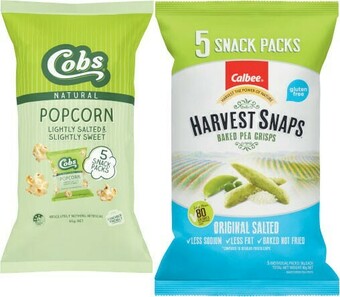 Coles Calbee Harvest Snaps 5 Pack 90g, Cobs Popcorn 5 Pack 65g or The Natural Chip Co. Potato Chips 175g offer