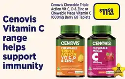 Star Discount Chemist Cenovis Chewable Triple Action Vit C, D & Zinc or Chewable Mega Vitamin C 1000mg Berry offer