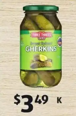 ALDI Three Threes Sweet Spiced Gherkins offer