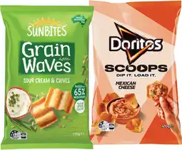 IGA Doritos Mexican Cheese Scoops 120g or Sunbites Grain Waves Wholegrain Chips 170g Selected Varieties offer