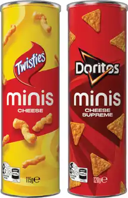 IGA Twisties Cheese 115g or Doritos Cheese Supreme 120g Minis Canister offer