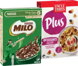 IGA Nestlé Milo Cereal 330-340g or Uncle Tobys Plus Cereal 410-435g Selected Varieties offer