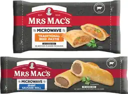 IGA Mrs Mac’s Microwave Pastie 165g, Beef Pie or Giant Sausage Roll 175g Selected Varieties offer