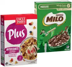IGA Uncle Tobys Plus Cereal 410‑435g or Nestlé Milo Cereal 330‑350g Selected Varieties offer