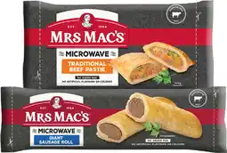 IGA Mrs Mac’s Microwave Giant Sausage Roll, Beef Pies 175g or Pastie 165g Selected Varieties offer