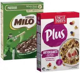 IGA Uncle Tobys Plus Cereal 410-435g or Nestlé Milo Cereal 330-350g Selected Varieties offer