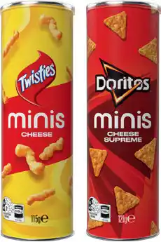 IGA Twisties Cheese 115g, Doritos Cheese Supreme 120g or Sunbites Grainwaves 150g Minis Canister offer