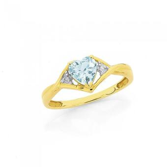 Prouds 9ct Gold Aquamarine & Diamond Heart Twist Ring offer