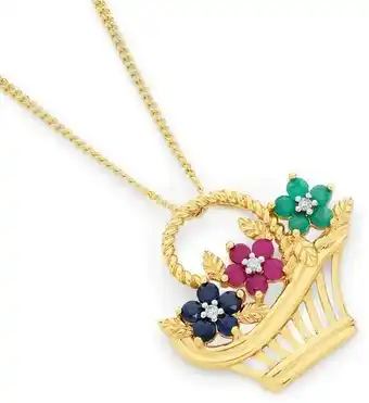 Angus & Coote 9ct Gold Sapphire, Ruby, Emerald & Diamond Flower Basket Pendant offer