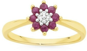 Angus & Coote 9ct Gold Natural Ruby & Diamond Petite Flower Ring offer
