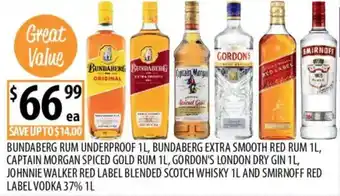 Supabarn Bundaberg Rum Underproof, Bundaberg Extra Smooth Red Rum, Captain Morgan Spiced Gold Rum, Gordon's London Dry Gin offer