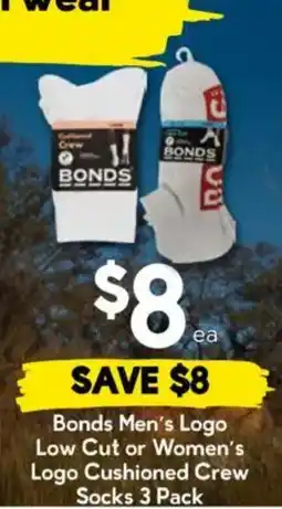 Drakes Bonds Men's Logo Low Cut or Women's Logo Cushioned Crew Socks 3 Pack offer
