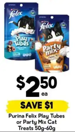 Drakes Purina Felix Play Tubes or Party Mix Cat Treats offer