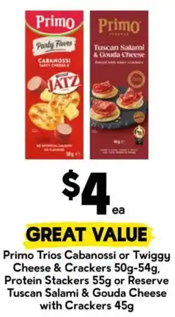 Drakes Primo Trios Cabanossi or Twiggy Cheese & Crackers offer