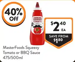 Foodworks MasterFoods Squeezzy Tomato or BBQ Sauce offer