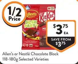Foodworks Allen's or Nestlé Chocolate Block Selected Varieties offer