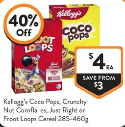 Foodworks Kellogg's Coco Pops, Crunchy Nut Cornflakes, Just Right or Froot Loops Cereal offer