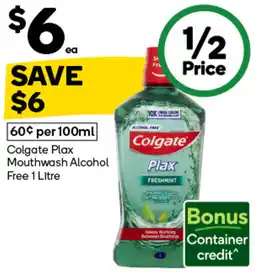 Woolworths Colgate Plax Mouthwash Alcohol Free 1 Litre offer
