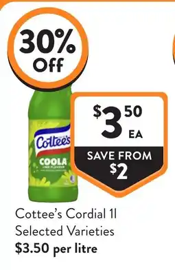 Foodworks Cottee's Cordial 1l Selected Varieties offer