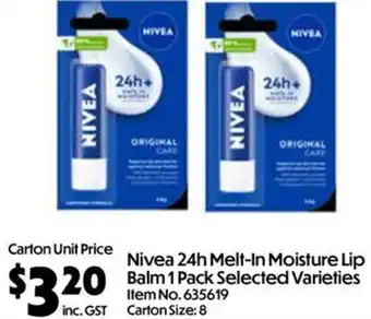 Nivea 24h Melt-In Moisture Lip Balm Selected Varieties