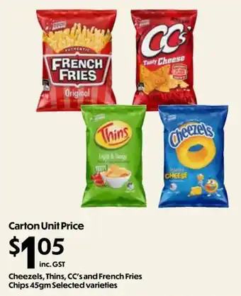 Cheezels, Thins, CC's and French Fries Chips 45gm Selected varieties