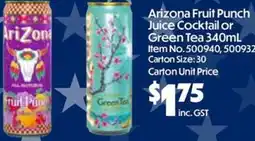 C-Store Distribution Arizona Fruit Punch Juice Cocktail or Green Tea offer