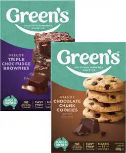 Coles Green's Deluxe Choc Chunk Cookie Mix 400g or Triple Choc Brownie Mix 500g offer