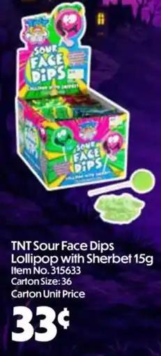 Campbells Wholesale TNT Sour Face Dips Lollipop with Sherbet offer