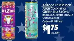 Campbells Wholesale Arizona Fruit Punch Juice Cocktail or Green Tea offer