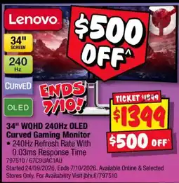 JB Hi-Fi Lenovo 34" WQHD 240Hz OLED Curved Gaming Monitor offer