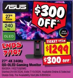 JB Hi-Fi Asus 27" 4K 240Hz QD-OLED Gaming Monitor offer