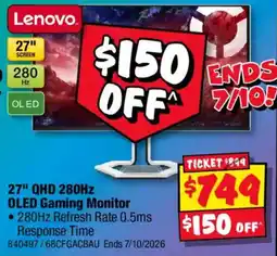JB Hi-Fi Lenovo 27" QHD 280Hz OLED Gaming Monitor offer