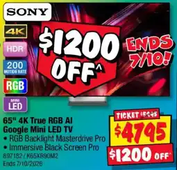 JB Hi-Fi Sony 65" 4K True RGB AI Google Mini LED TV offer