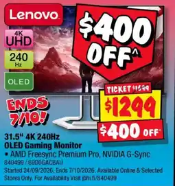 JB Hi-Fi Lenovo 31.5" 4K 240Hz OLED Gaming Monitor offer