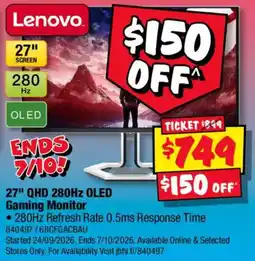 JB Hi-Fi Lenovo 27" QHD 280Hz OLED Gaming Monitor offer