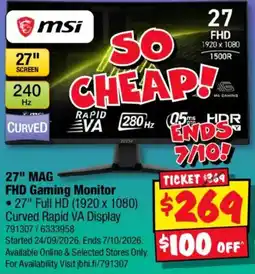 JB Hi-Fi msi 27" MAG FHD Gaming Monitor offer