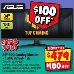 JB Hi-Fi Asus 34" Rog Gaming Monitor offer