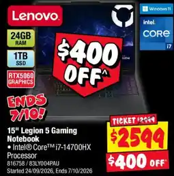 JB Hi-Fi Lenovo 15" Legion 5 Gaming Notebook offer
